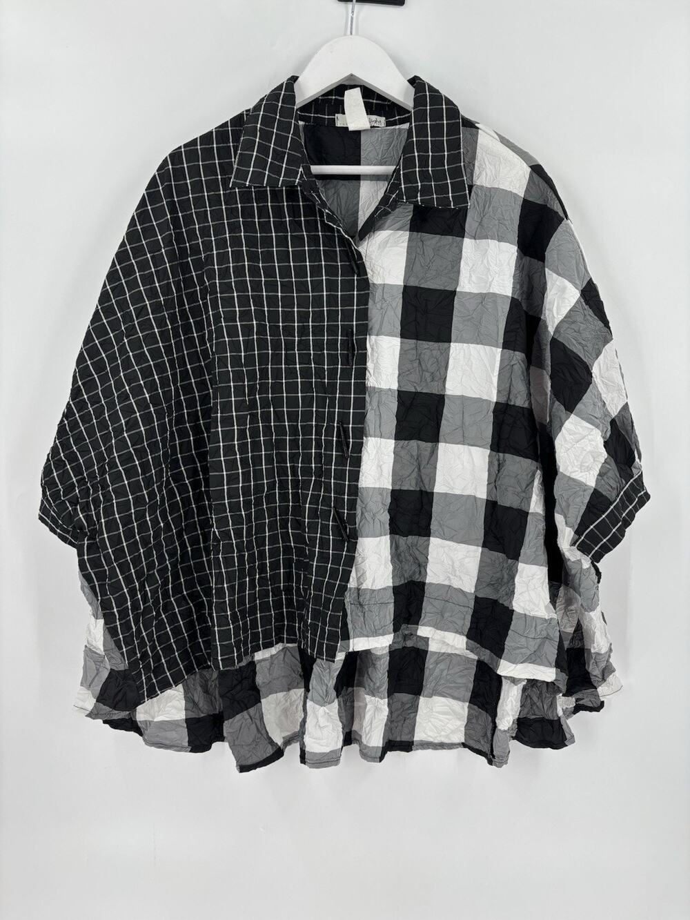 Moonlight Blouse Womens XL Black White Plaid Gingham Oversized Lagenlook Crepe
